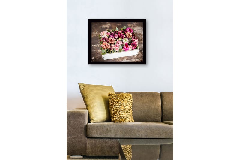 Indrammet lærred i træ - 41x56 cm - Farverig buket af roser og grønne blade - Lyserød / Lilla / Grøn - Boligtilbehør - Billeder & kunst
