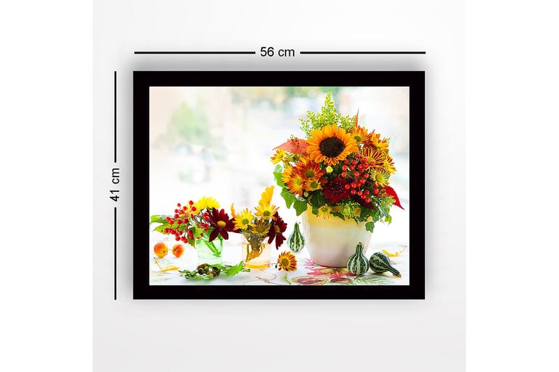 Indrammet lærred i træ - 41x56 cm - Farverig buket af solsikker og efterårsblomster - Gul / Rød / Grøn - Boligtilbehør - Billeder & kunst