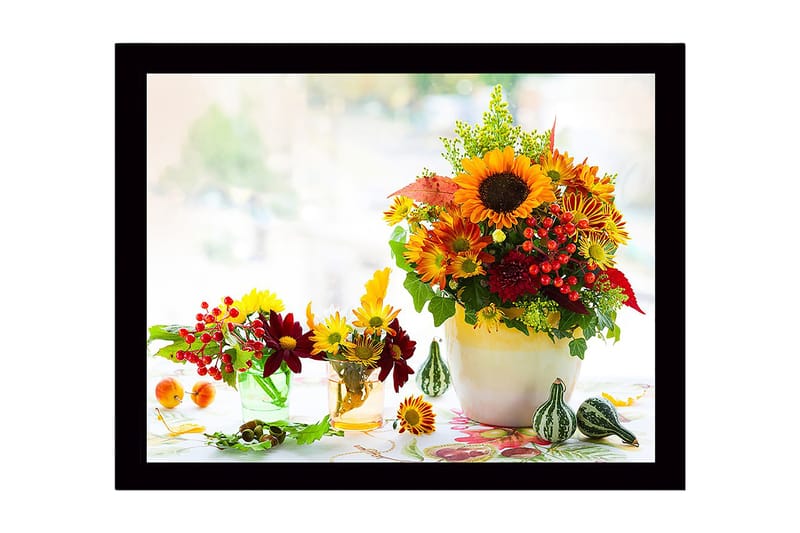Indrammet lærred i træ - 41x56 cm - Farverig buket af solsikker og efterårsblomster, Gul / Rød / Grøn