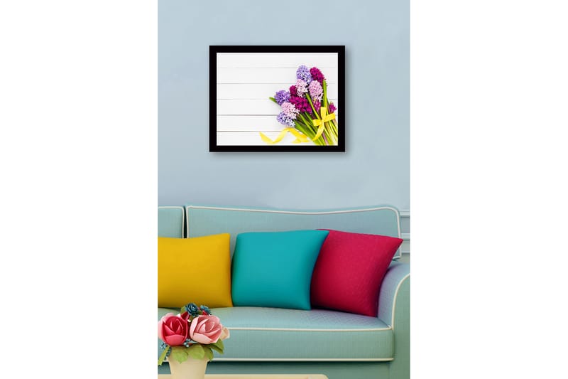 Indrammet lærred i træ - 41x56 cm - Farverig buket hyacinter - Lilla / Lyserød / Grøn - Boligtilbehør - Billeder & kunst