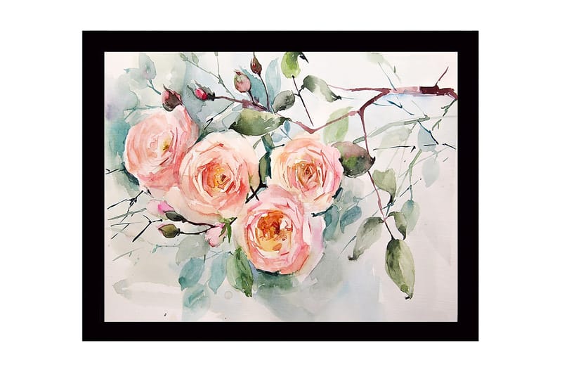Indrammet lærred i træ - 41x56 cm - Farverig buket roser, Lys pink / Grøn / Mørkegrøn
