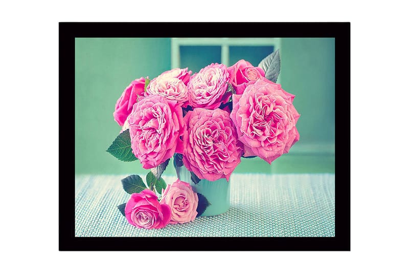 Indrammet lærred i træ - 41x56 cm - Farverig buket roser, Lyserød / Grøn / Hvid