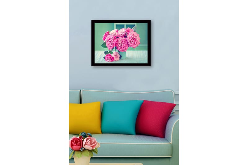Indrammet lærred i træ - 41x56 cm - Farverig buket roser - Lyserød / Grøn / Hvid - Boligtilbehør - Billeder & kunst