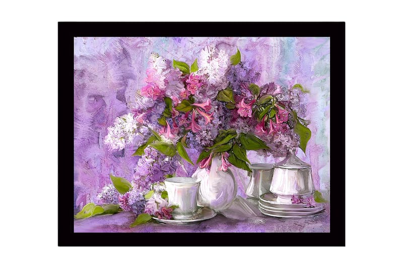 Indrammet lærred i træ - 41x56 cm - Farverig buket syrener i en smuk komposition, Lilla / Lyserød / Grøn
