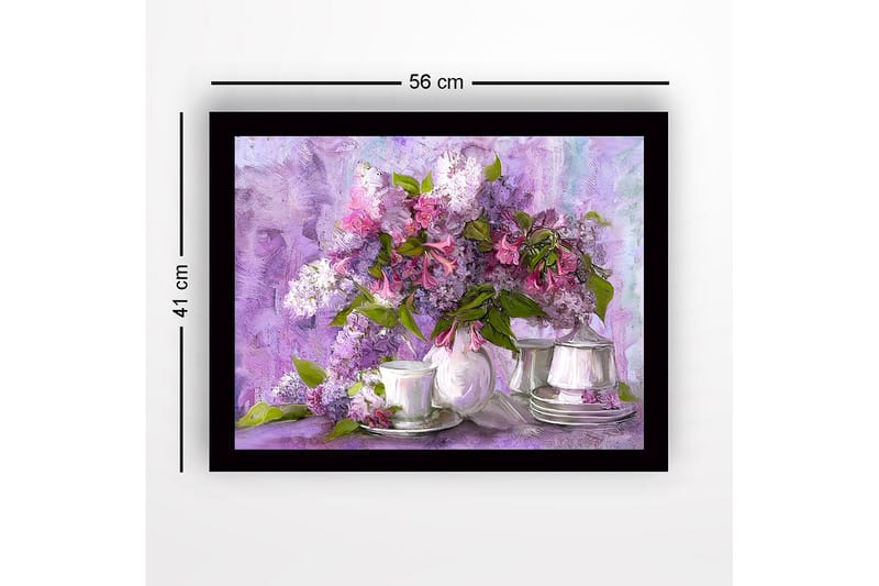 Indrammet lærred i træ - 41x56 cm - Farverig buket syrener i en smuk komposition - Lilla / Lyserød / Grøn - Boligtilbehør - Billeder & kunst