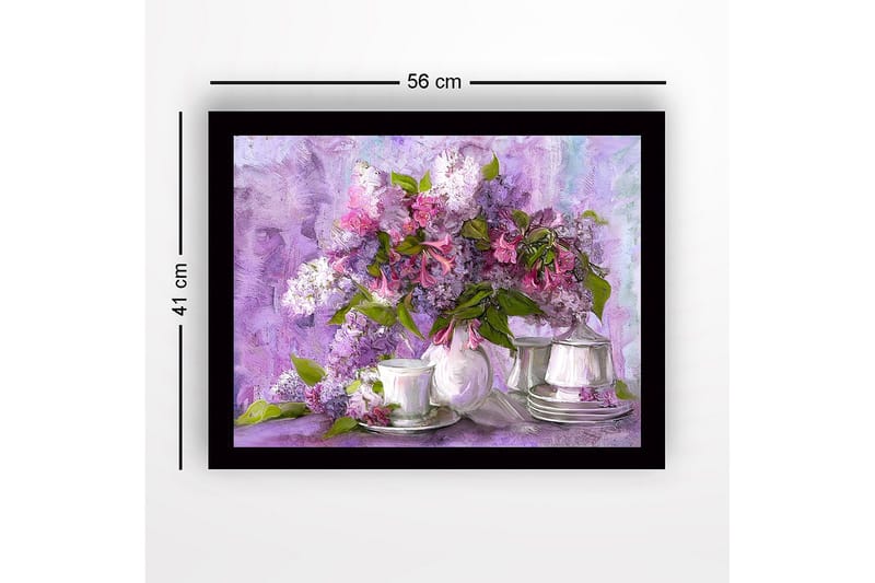Indrammet lærred i træ - 41x56 cm - Farverig buket syrener i en smuk komposition - Lilla / Lyserød / Grøn - Boligtilbehør - Billeder & kunst