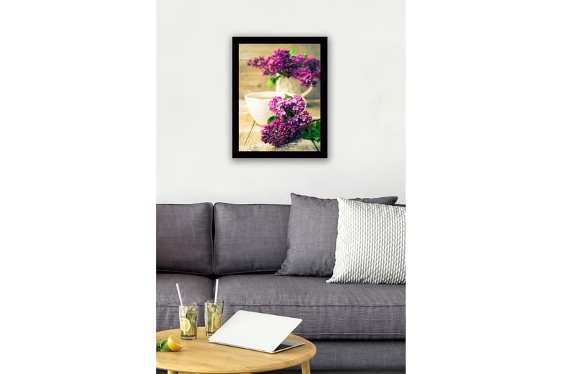 Indrammet lærred i træ - 41x56 cm - Farverig buket syrener - Lilla / Grøn - Boligtilbehør - Billeder & kunst