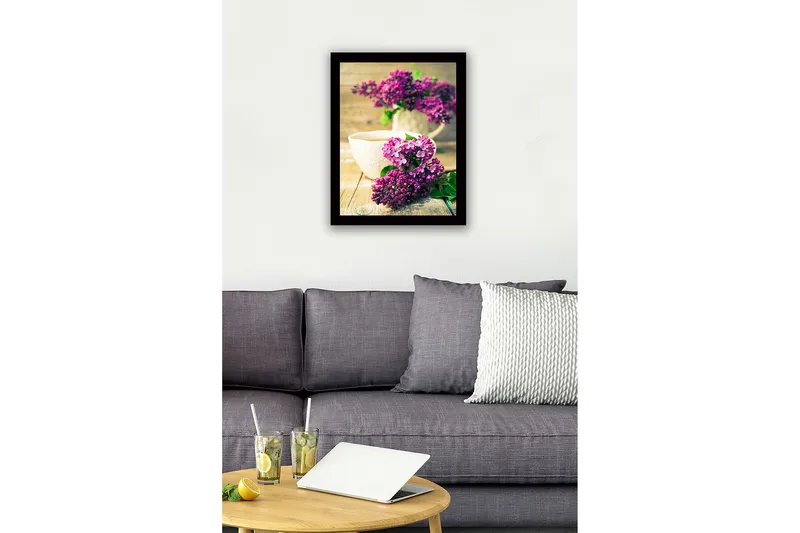 Indrammet lærred i træ - 41x56 cm - Farverig buket syrener - Lilla / Grøn - Boligtilbehør - Billeder & kunst