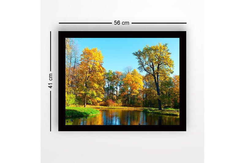 Indrammet lærred i træ - 41x56 cm - Farverig efterårsskov ved en spejlblank sø - Gyldenorange / Grøn / Blå - Boligtilbehør - Billeder & kunst