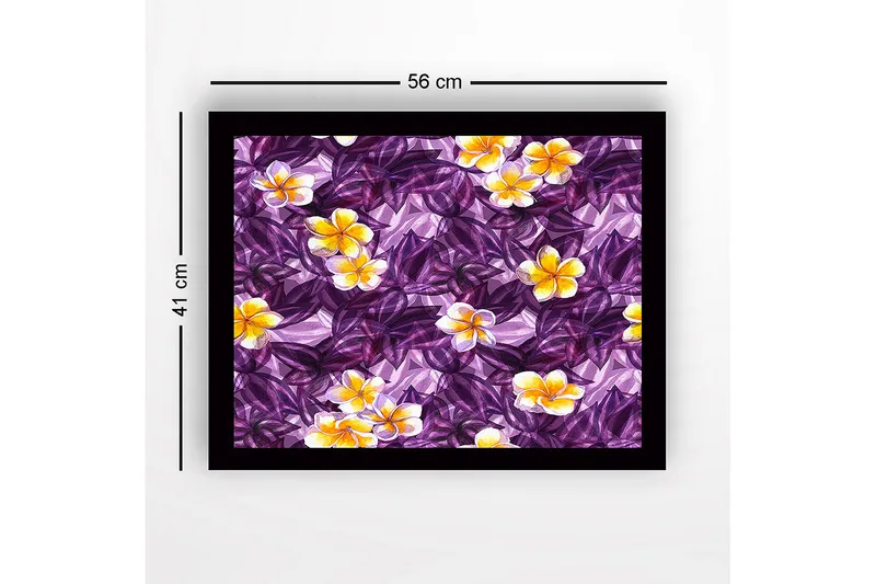 Indrammet lærred i træ - 41x56 cm - Farverig komposition af blomster og blade - Lilla / Gul / Hvid - Boligtilbehør - Billeder & kunst