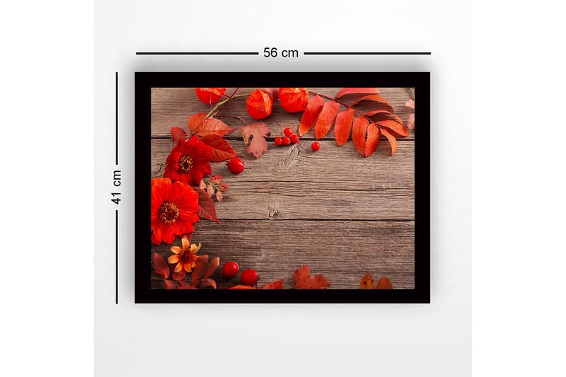 Indrammet lærred i træ - 41x56 cm - Farverig komposition af efterårsblomster og blade - Rød / Orange / Grøn - Boligtilbehør - Billeder & kunst