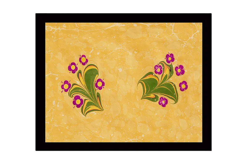 Indrammet lærred i træ - 41x56 cm - Farverig komposition med blomster og blade, Gul / Grøn / Lilla