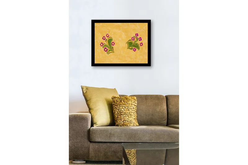 Indrammet lærred i træ - 41x56 cm - Farverig komposition med blomster og blade - Gul / Grøn / Lilla - Boligtilbehør - Billeder & kunst