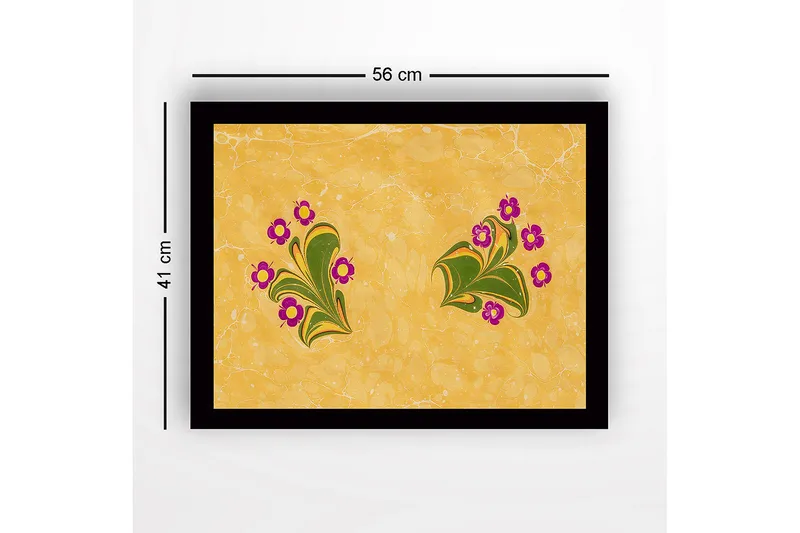 Indrammet lærred i træ - 41x56 cm - Farverig komposition med blomster og blade - Gul / Grøn / Lilla - Boligtilbehør - Billeder & kunst