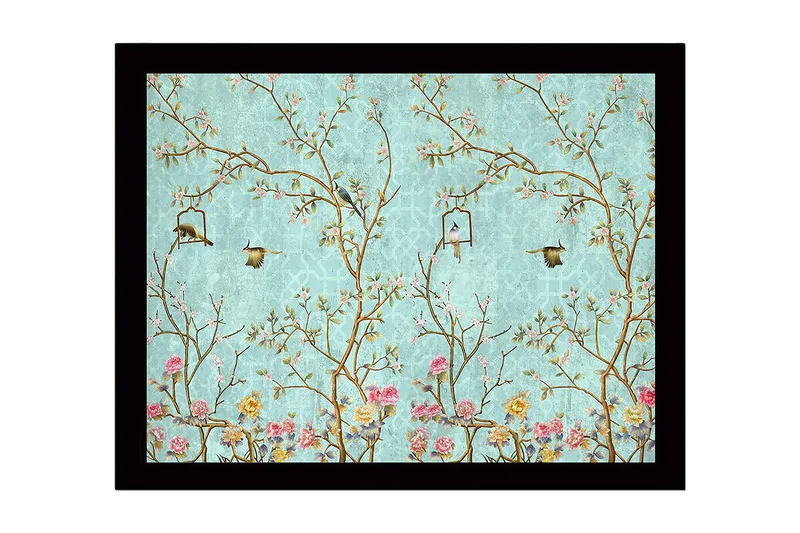 Indrammet lærred i træ - 41x56 cm - Farverig komposition med fugle og blomster i et frodigt miljø, Blå / Lyserød / Grøn