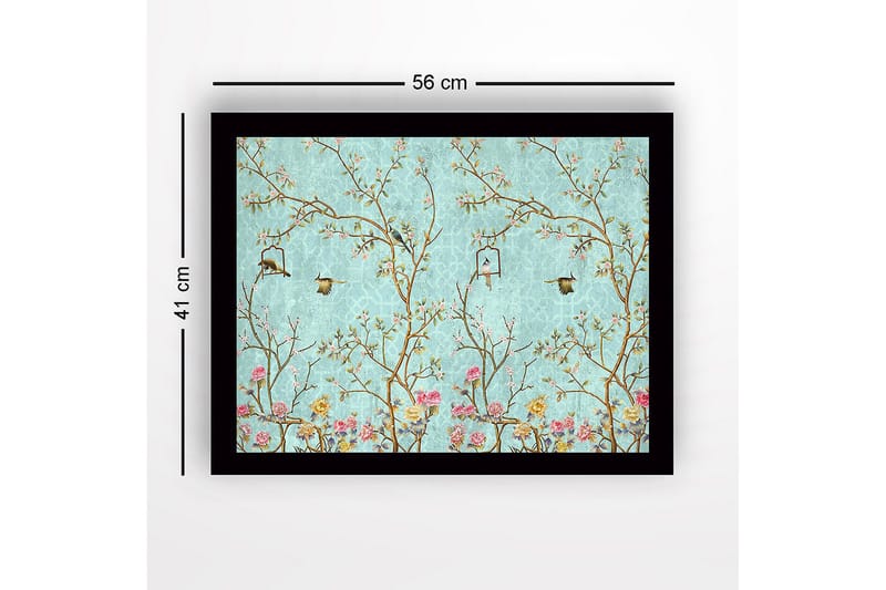 Indrammet lærred i træ - 41x56 cm - Farverig komposition med fugle og blomster i et frodigt miljø - Blå / Lyserød / Grøn - Boligtilbehør - Billeder & kunst