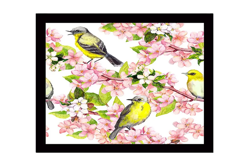 Indrammet lærred i træ - 41x56 cm - Farverig komposition med fugle og blomster - Lyserød / Gul / Grøn - Boligtilbehør - Billeder & kunst