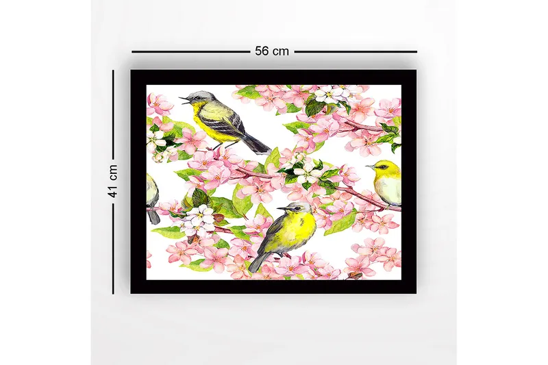Indrammet lærred i træ - 41x56 cm - Farverig komposition med fugle og blomster - Lyserød / Gul / Grøn - Boligtilbehør - Billeder & kunst