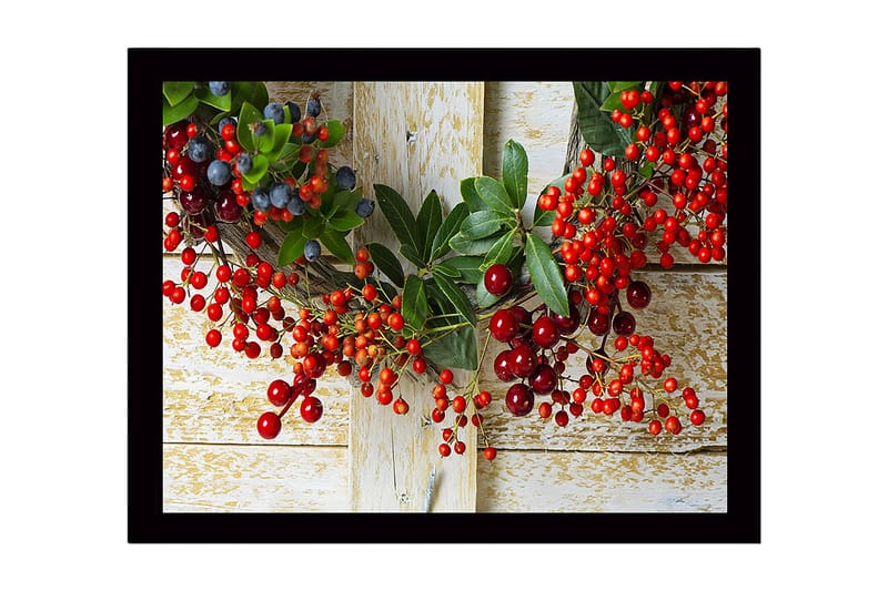 Indrammet lærred i træ - 41x56 cm - Farverig krans af bær og grønne blade, Rød / Grøn / Blå