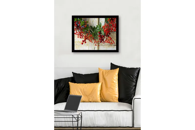 Indrammet lærred i træ - 41x56 cm - Farverig krans af bær og grønne blade - Rød / Grøn / Blå - Boligtilbehør - Billeder & kunst