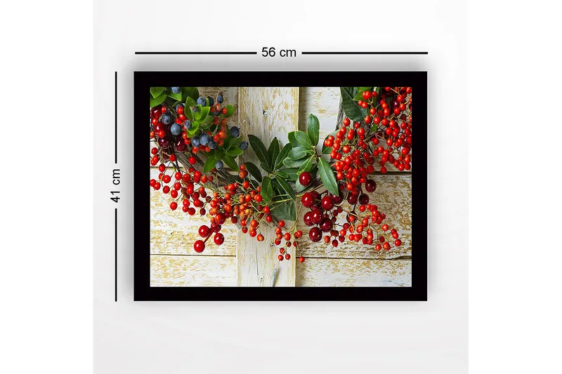 Indrammet lærred i træ - 41x56 cm - Farverig krans af bær og grønne blade - Rød / Grøn / Blå - Boligtilbehør - Billeder & kunst