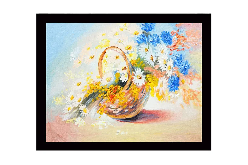 Indrammet lærred i træ - 41x56 cm - Farverig kurv med blomster, Blå / Hvid / Gul