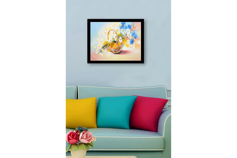 Indrammet lærred i træ - 41x56 cm - Farverig kurv med blomster - Blå / Hvid / Gul - Boligtilbehør - Billeder & kunst