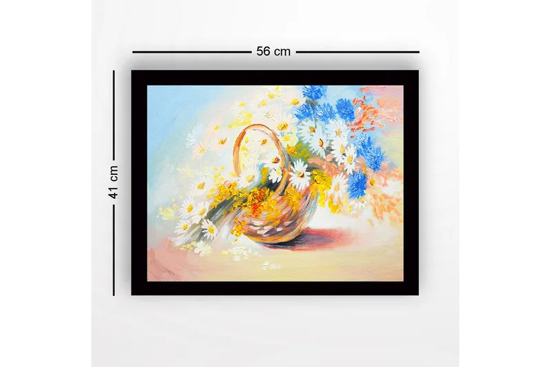 Indrammet lærred i træ - 41x56 cm - Farverig kurv med blomster - Blå / Hvid / Gul - Boligtilbehør - Billeder & kunst