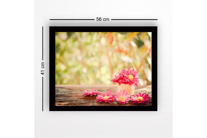 Indrammet lærred i træ - 41x56 cm - Farverig kurv med blomster - Lyserød / Gul / Grøn - Boligtilbehør - Billeder & kunst