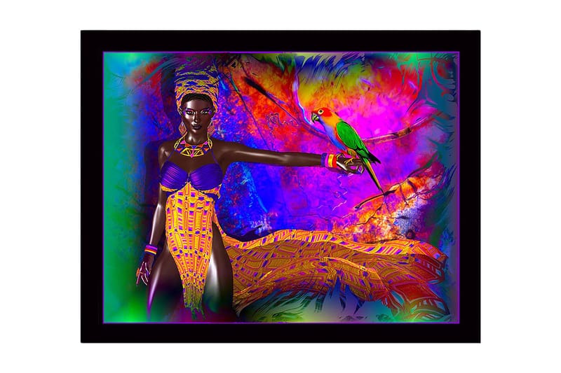 Indrammet lærred i træ - 41x56 cm - Farverig kvinde med papegøje i et levende miljø, Lilla / Gul / Grøn