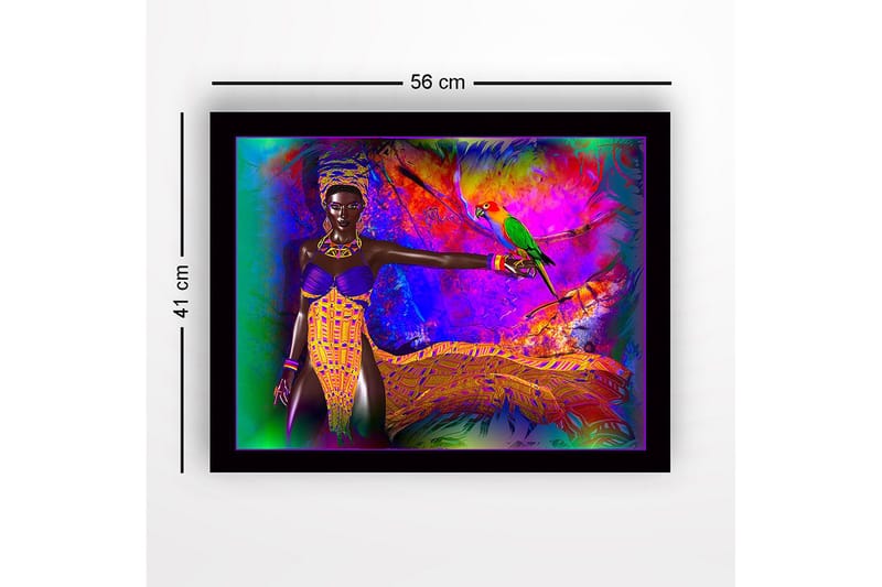 Indrammet lærred i træ - 41x56 cm - Farverig kvinde med papegøje i et levende miljø - Lilla / Gul / Grøn - Boligtilbehør - Billeder & kunst
