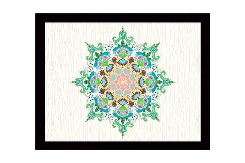 Indrammet lærred i træ - 41x56 cm - Farverig mandala med indviklede mønstre, Grøn / Lyserød / Blå