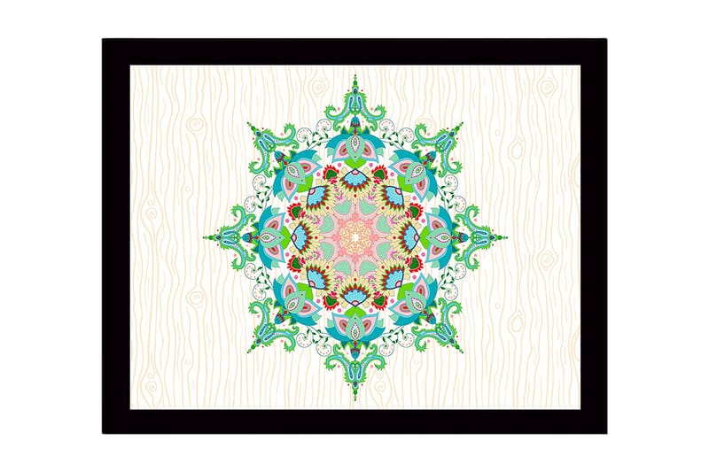 Indrammet lærred i træ - 41x56 cm - Farverig mandala med indviklede mønstre, Grøn / Lyserød / Blå