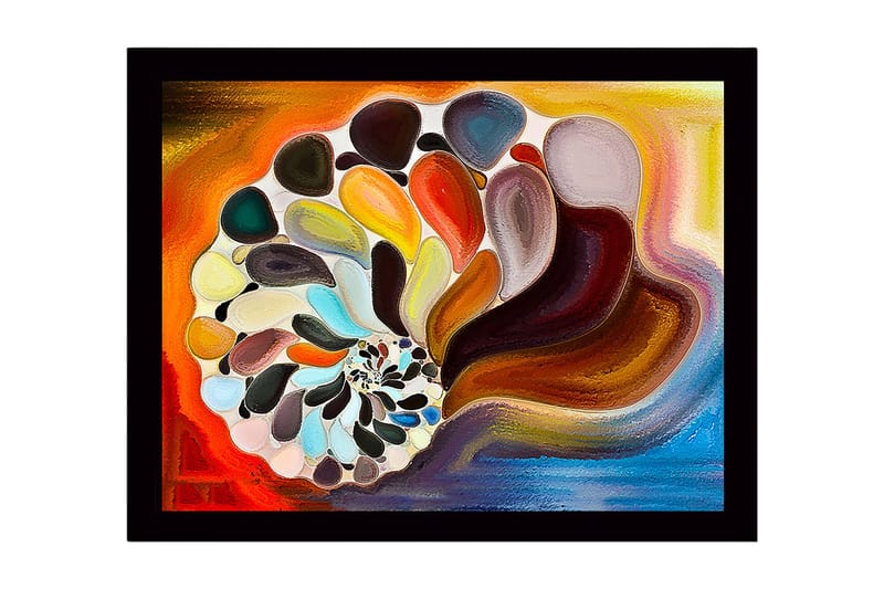 Indrammet lærred i træ - 41x56 cm - Farverig muslingeskal med abstrakte former, Orange / Brun / Hvid