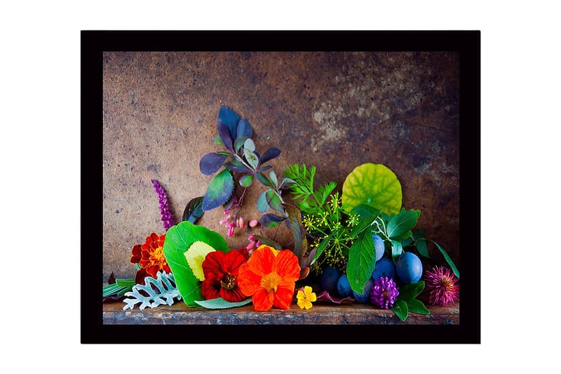 Indrammet lærred i træ - 41x56 cm - Farverig samling af blomster og blade, Rød / Grøn / Lilla