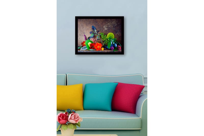 Indrammet lærred i træ - 41x56 cm - Farverig samling af blomster og blade - Rød / Grøn / Lilla - Boligtilbehør - Billeder & kunst