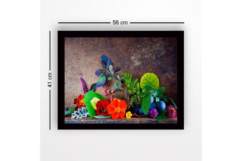 Indrammet lærred i træ - 41x56 cm - Farverig samling af blomster og blade - Rød / Grøn / Lilla - Boligtilbehør - Billeder & kunst
