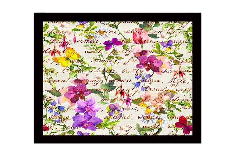 Indrammet lærred i træ - 41x56 cm - Farverig samling af blomster og sommerfugle, Lilla / Lyserød / Gul