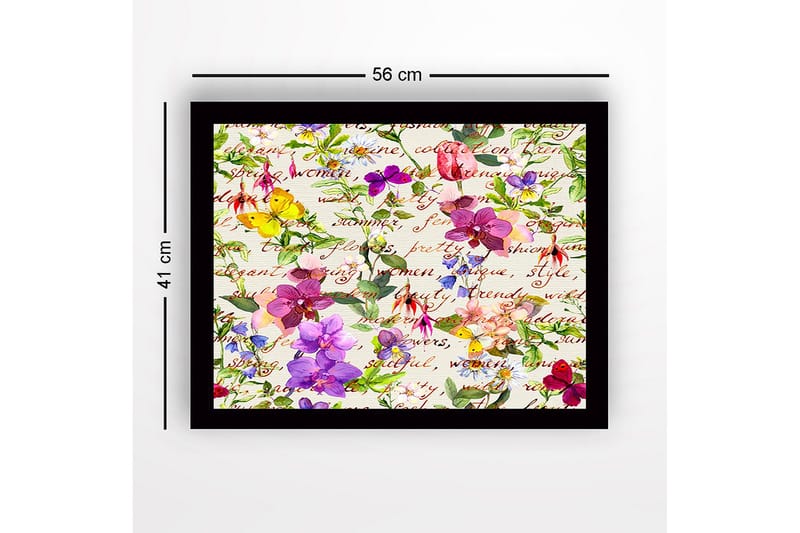 Indrammet lærred i træ - 41x56 cm - Farverig samling af blomster og sommerfugle - Lilla / Lyserød / Gul - Boligtilbehør - Billeder & kunst