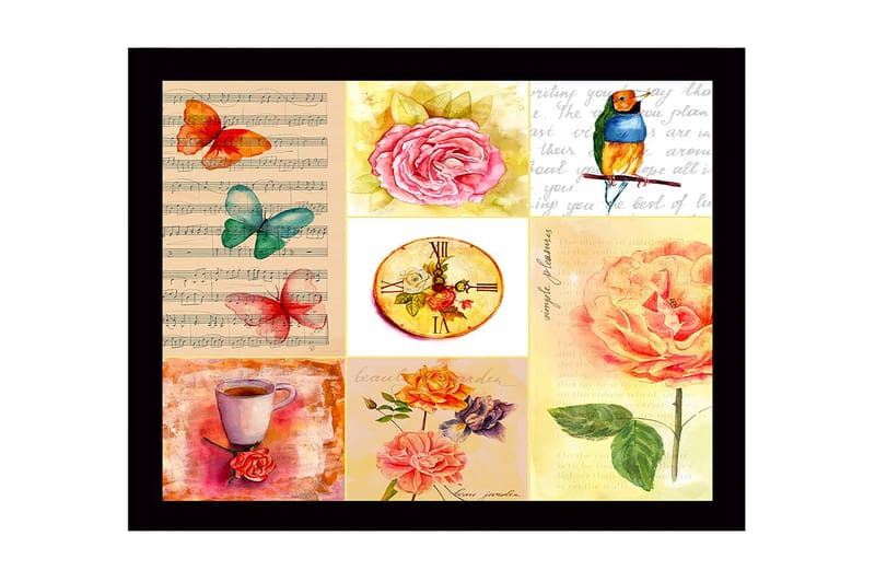 Indrammet lærred i træ - 41x56 cm - Farverig samling af blomster og sommerfugle, Lyserød / Grøn / Orange