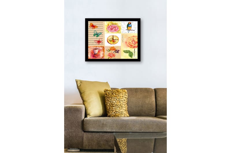 Indrammet lærred i træ - 41x56 cm - Farverig samling af blomster og sommerfugle - Lyserød / Grøn / Orange - Boligtilbehør - Billeder & kunst