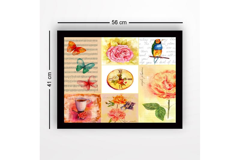 Indrammet lærred i træ - 41x56 cm - Farverig samling af blomster og sommerfugle - Lyserød / Grøn / Orange - Boligtilbehør - Billeder & kunst