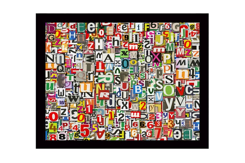 Indrammet lærred i træ - 41x56 cm - Farverig samling af bogstaver og tal, Rød / Grøn / Gul