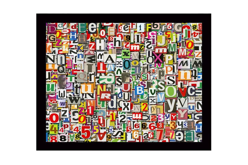 Indrammet lærred i træ - 41x56 cm - Farverig samling af bogstaver og tal, Rød / Grøn / Gul