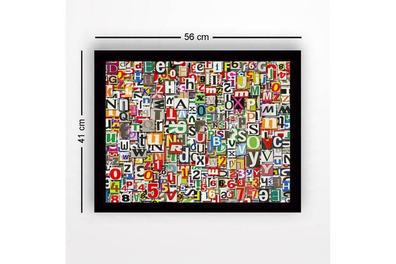 Indrammet lærred i træ - 41x56 cm - Farverig samling af bogstaver og tal - Rød / Grøn / Gul - Boligtilbehør - Billeder & kunst
