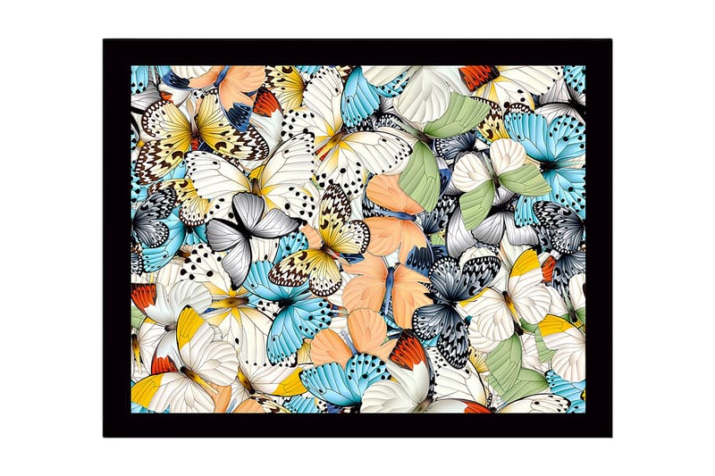 Indrammet lærred i træ - 41x56 cm - Farverig samling af sommerfugle, Blå / Hvid / Orange