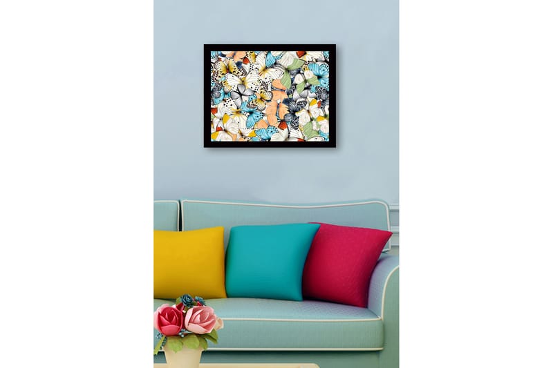 Indrammet lærred i træ - 41x56 cm - Farverig samling af sommerfugle - Blå / Hvid / Orange - Boligtilbehør - Billeder & kunst