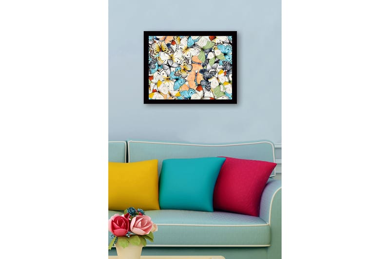 Indrammet lærred i træ - 41x56 cm - Farverig samling af sommerfugle - Blå / Hvid / Orange - Boligtilbehør - Billeder & kunst
