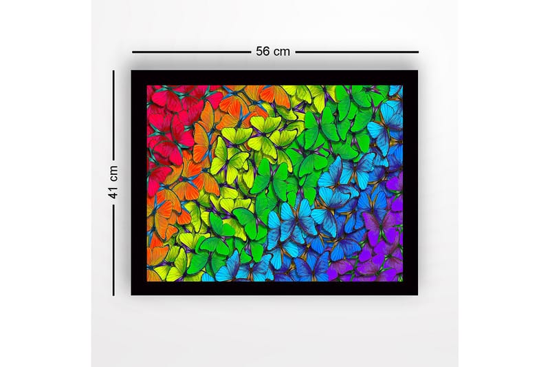 Indrammet lærred i træ - 41x56 cm - Farverig samling af sommerfugle i forskellige nuancer - Grøn / Blå / Rød - Boligtilbehør - Billeder & kunst
