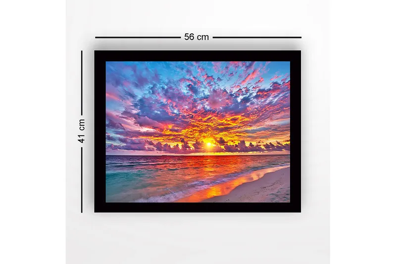 Indrammet lærred i træ - 41x56 cm - Farverig solnedgang over havet - Orange / Pink / Blå - Boligtilbehør - Billeder & kunst